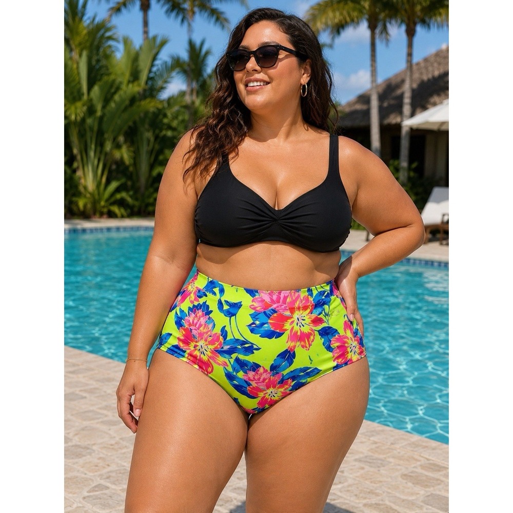 Cacique Lane Bryant High Waist Bikini Bottom Neon Tropical Floral Plus Size 32
